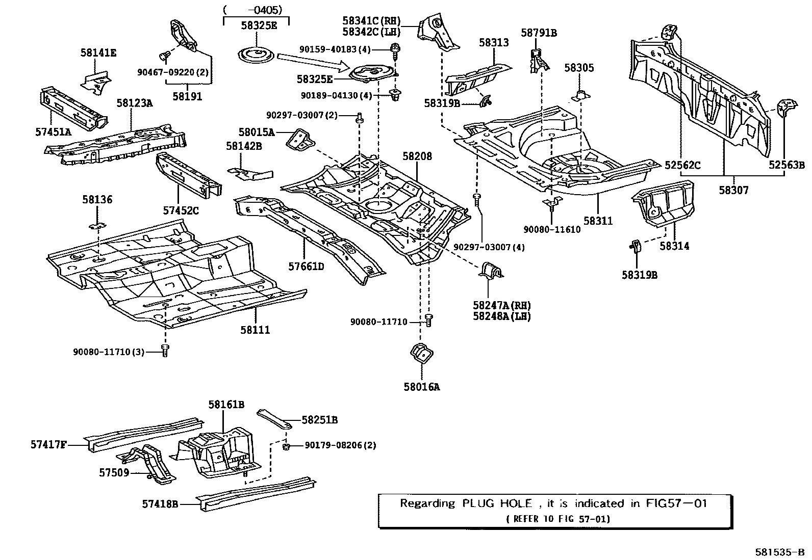 Toyota COROLLA 浅盘形地板和车身下背板 EPC diagram — 581535B