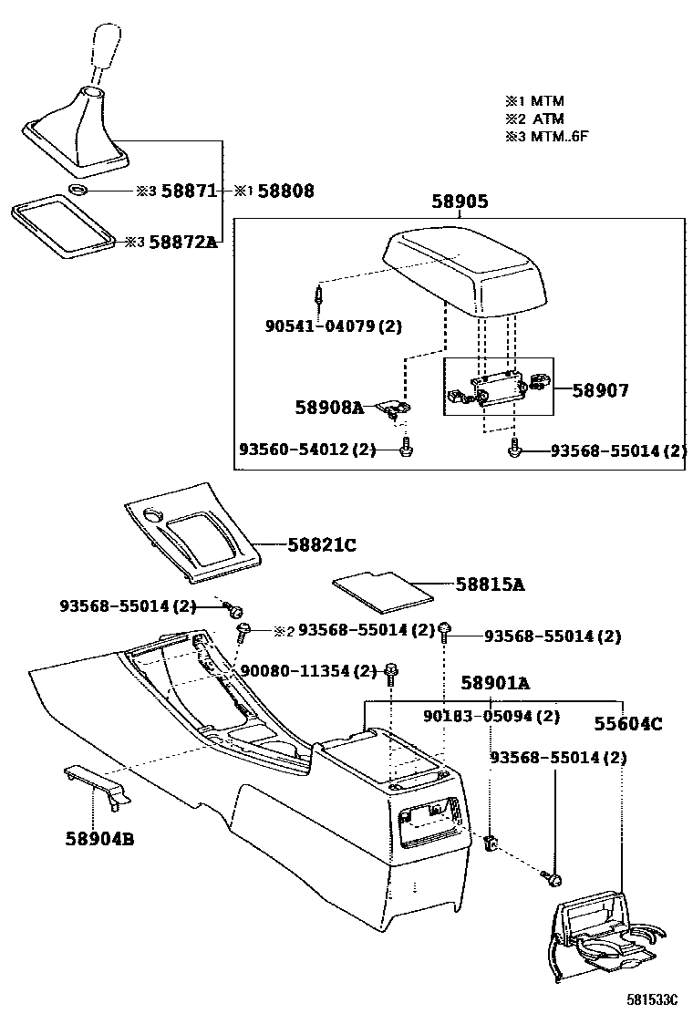Toyota COROLLA 中央扶手箱和支架 EPC diagram — 581533C