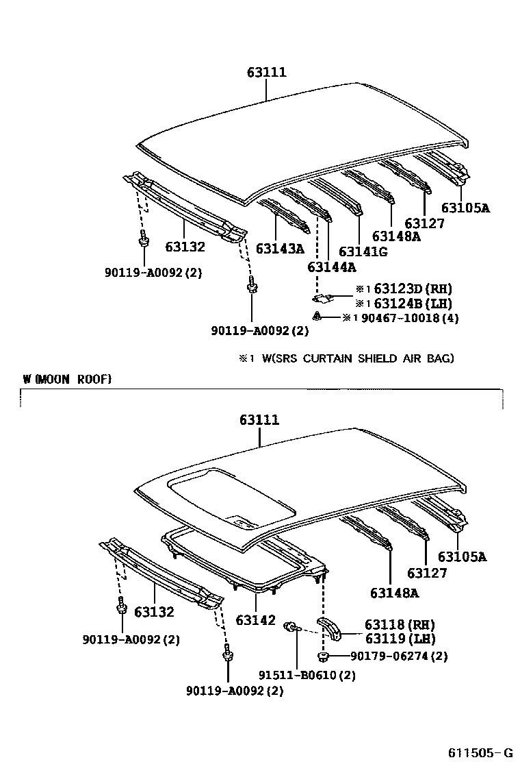 Toyota COROLLA 天窗板和背窗玻璃 EPC diagram — 611505G
