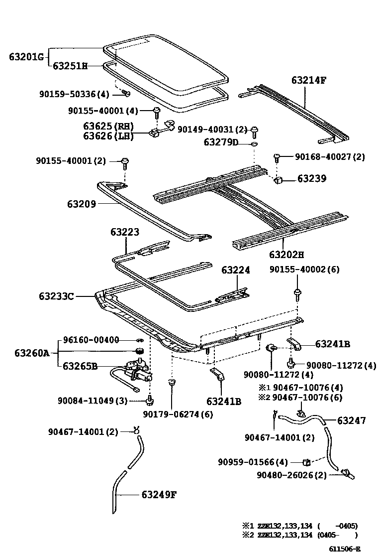 Toyota COROLLA 天窗板和背窗玻璃 EPC diagram — 611506E