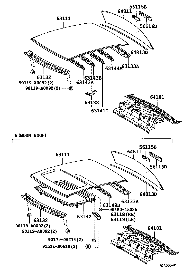 Toyota COROLLA 天窗板和背窗玻璃 EPC diagram — 611550F