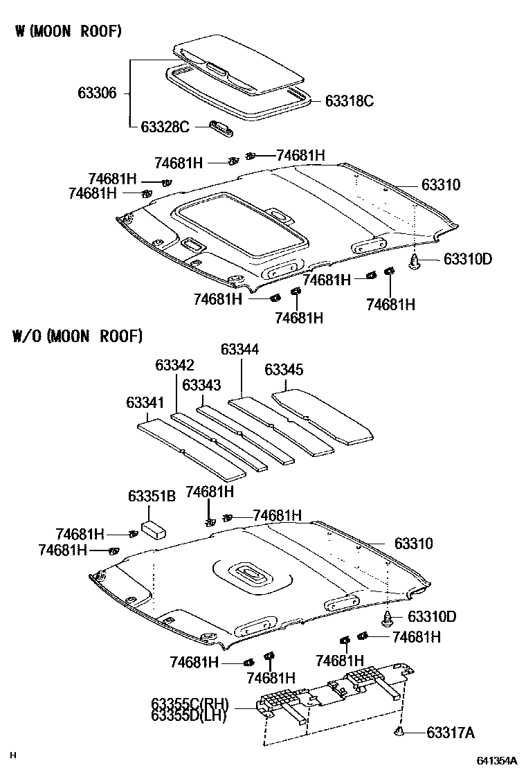 Toyota COROLLA 车顶内衬和消声垫 EPC diagram — 641354A