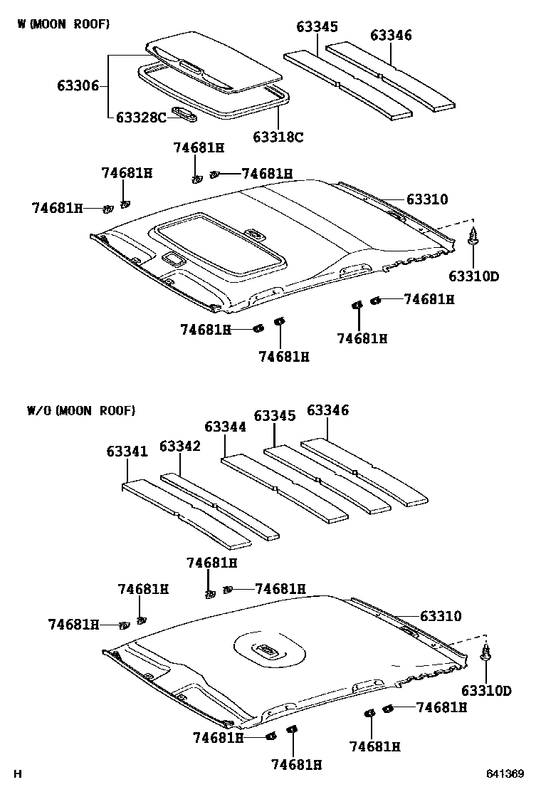 Toyota COROLLA 车顶内衬和消声垫 EPC diagram — 641369