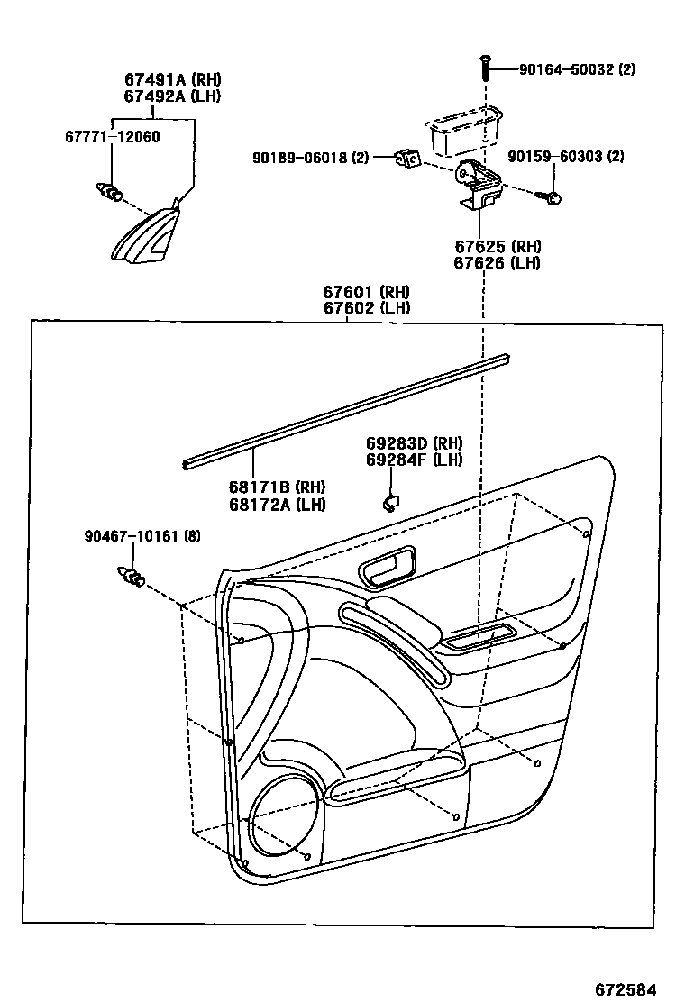 Toyota COROLLA 前门板和前门玻璃 EPC diagram — 672584