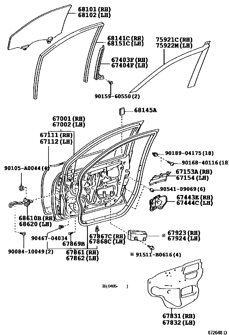 Toyota COROLLA 前门板和前门玻璃 EPC diagram — 672648D