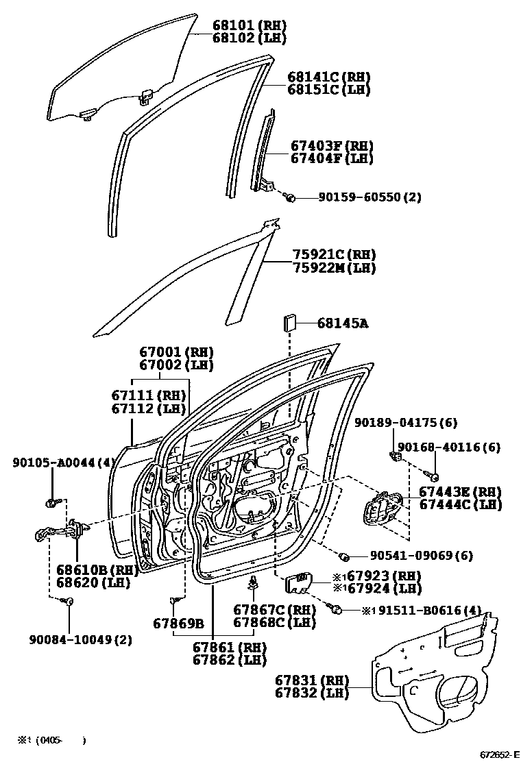 Toyota COROLLA 前门板和前门玻璃 EPC diagram — 672652E