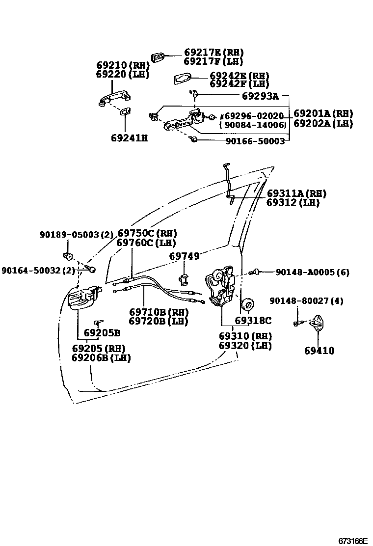 Toyota COROLLA 前门锁和车门把手 EPC diagram — 673166E