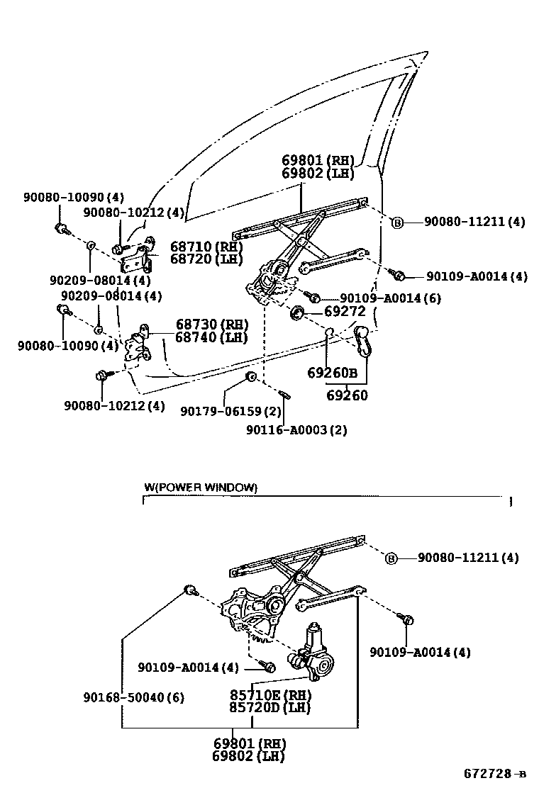 Toyota COROLLA 前门车窗升降器和合页 EPC diagram — 672728B