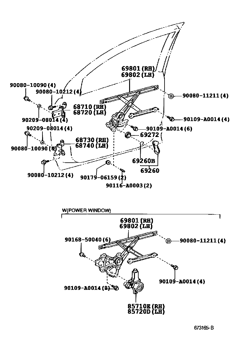 Toyota COROLLA 前门车窗升降器和合页 EPC diagram — 673165B