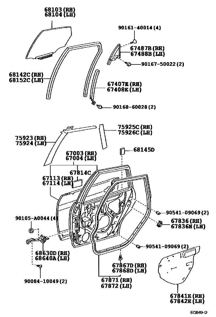Toyota COROLLA 后门板和后门玻璃 EPC diagram — 672649D