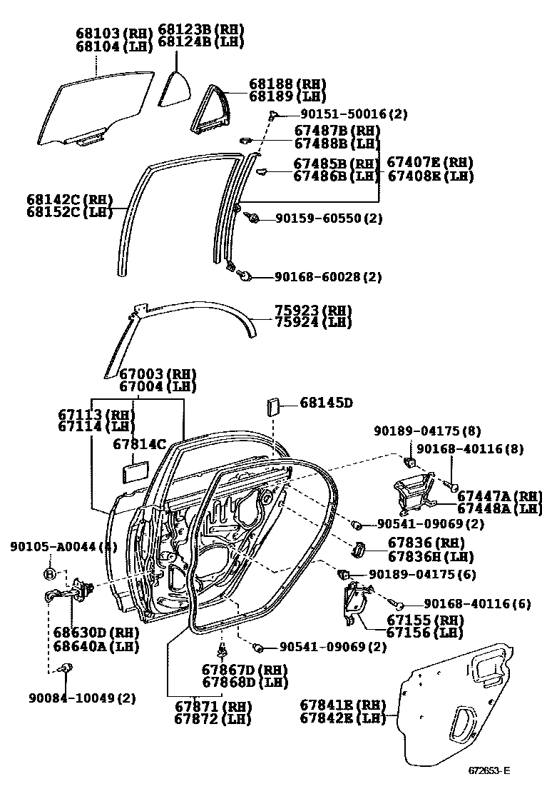 Toyota COROLLA 后门板和后门玻璃 EPC diagram — 672653E