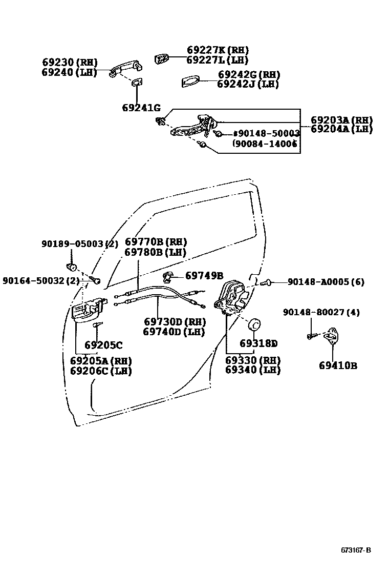 Toyota COROLLA 后门锁和后门把手 EPC diagram — 673167B