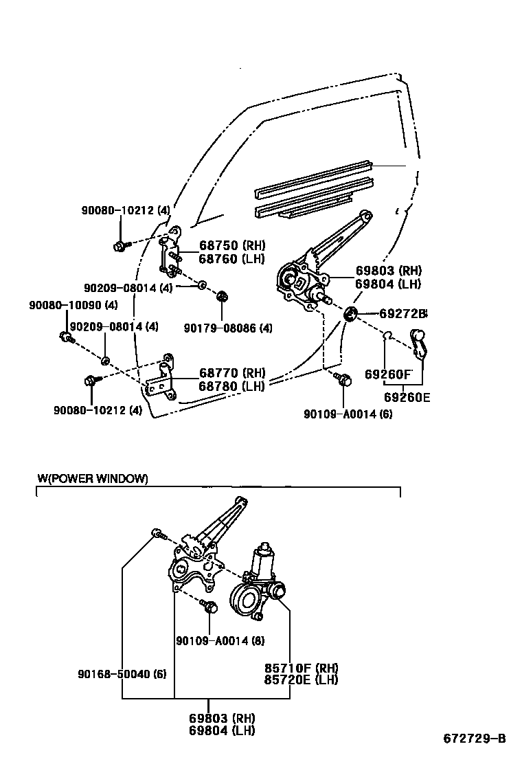 Toyota COROLLA 后门车窗升降器和合页 EPC diagram — 672729B