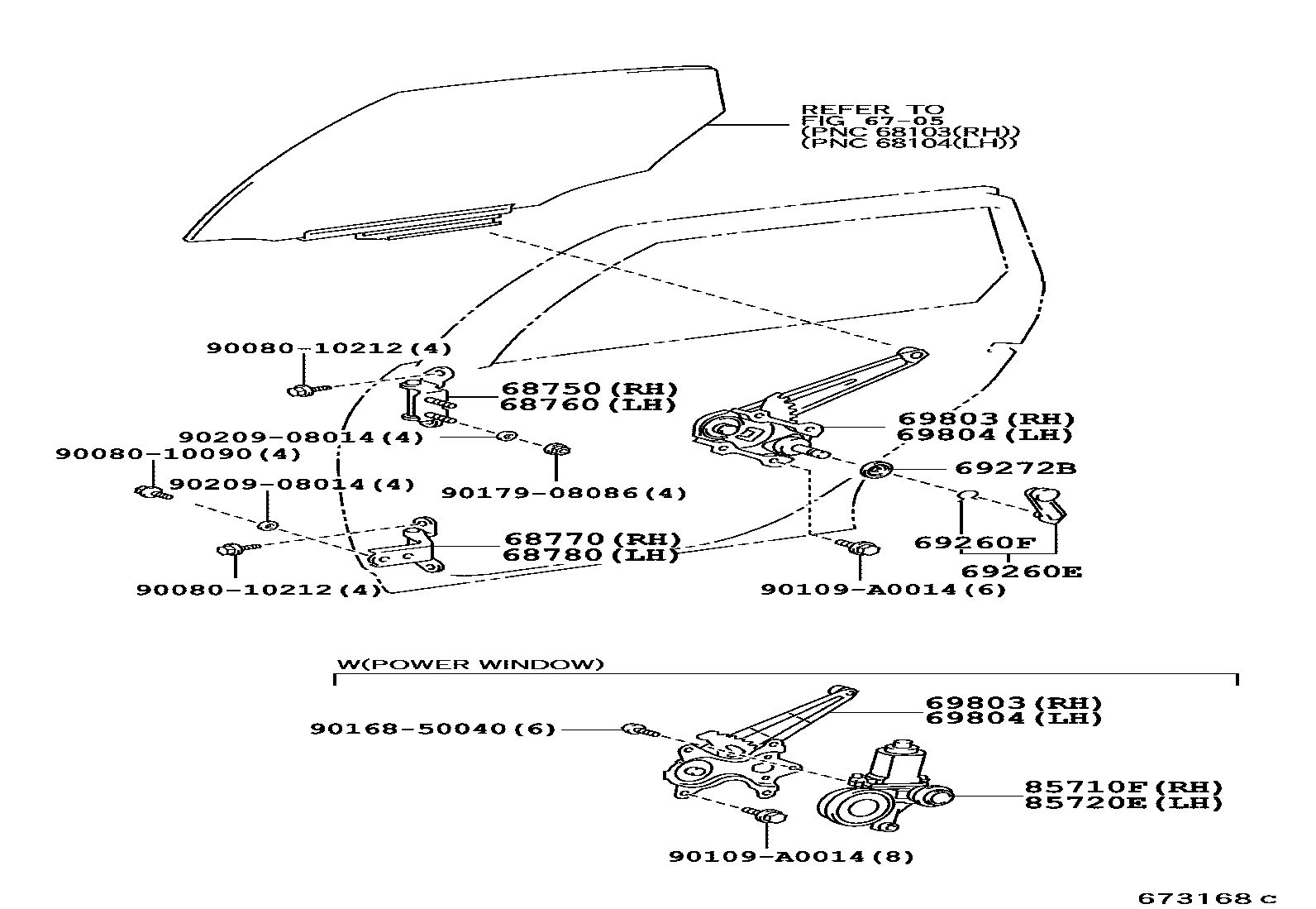 Toyota COROLLA 后门车窗升降器和合页 EPC diagram — 673168C