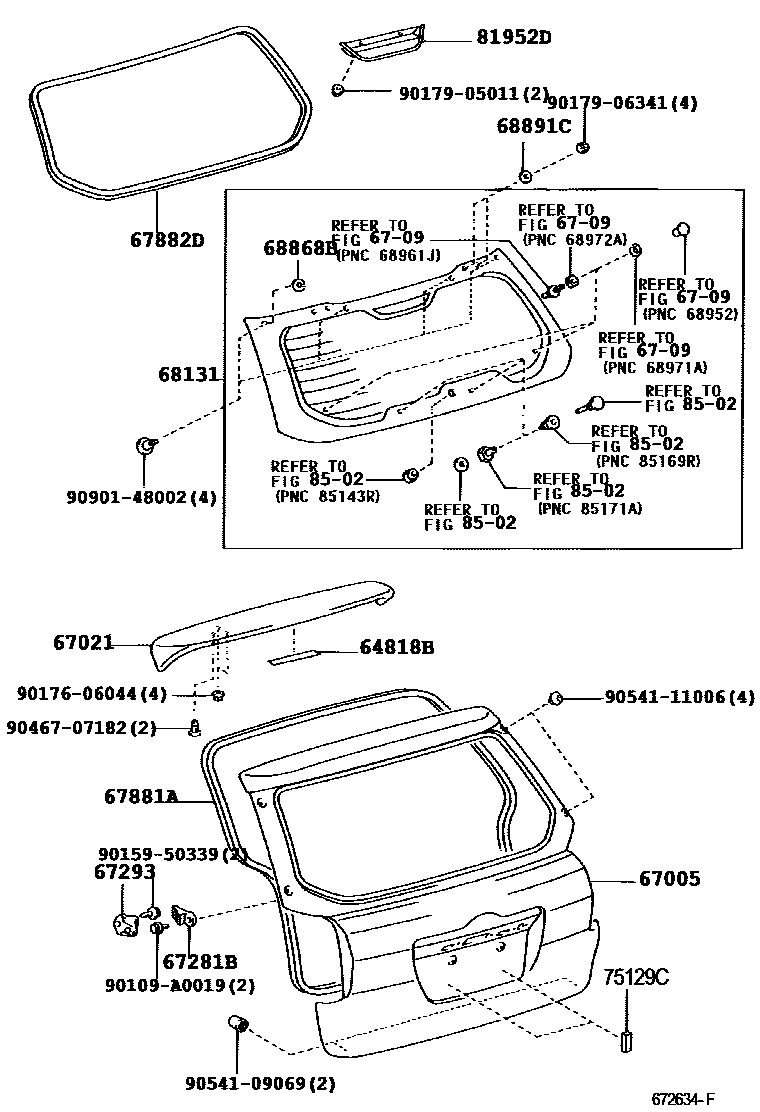 Toyota COROLLA 背门板和背门玻璃 EPC diagram — 672634F