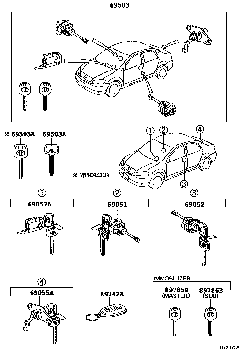 Toyota COROLLA 锁芯组件 EPC diagram — 673475A