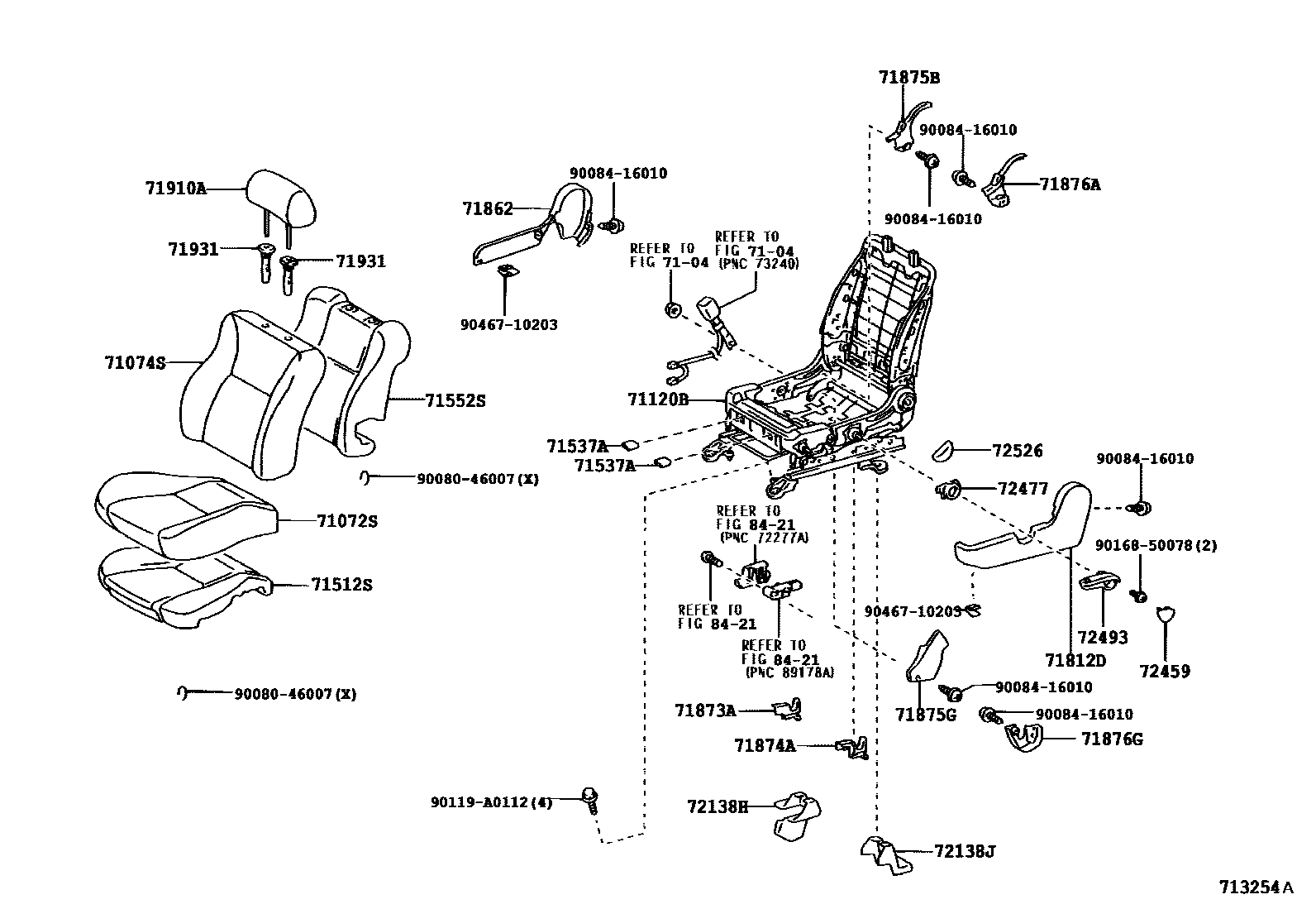 Toyota COROLLA 前排座椅和座椅滑轨 EPC diagram — 713254A