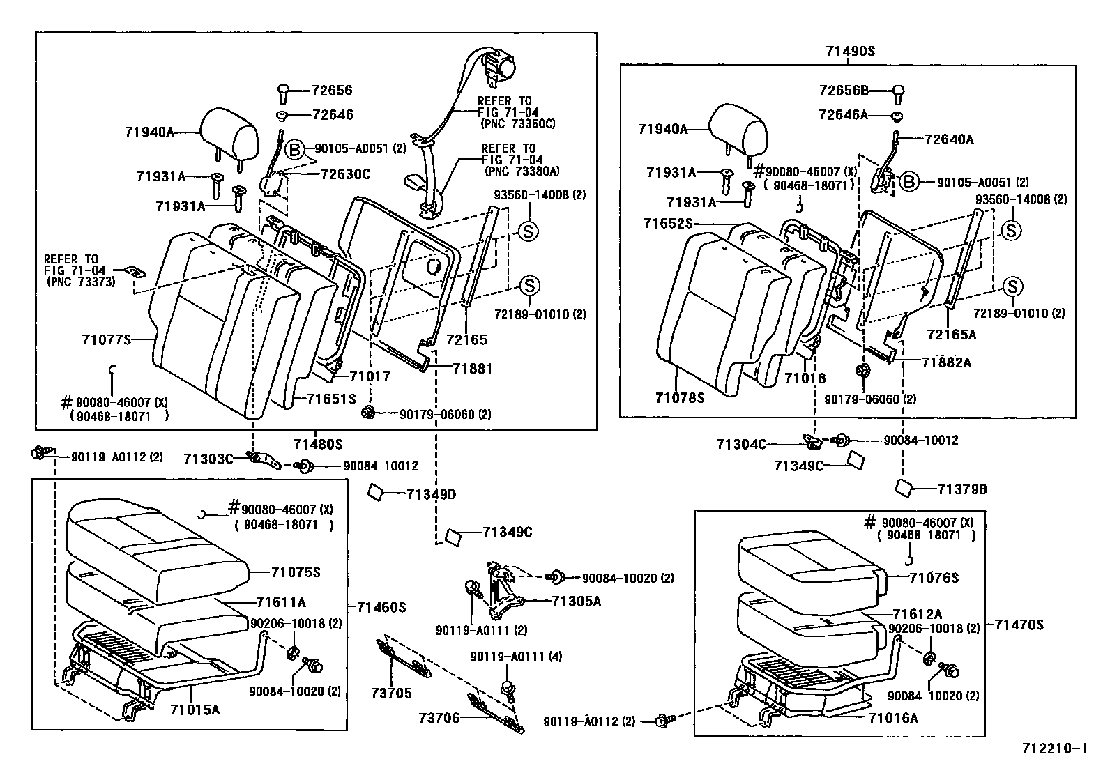 Toyota COROLLA 后排座椅和座椅滑轨 EPC diagram — 712210I