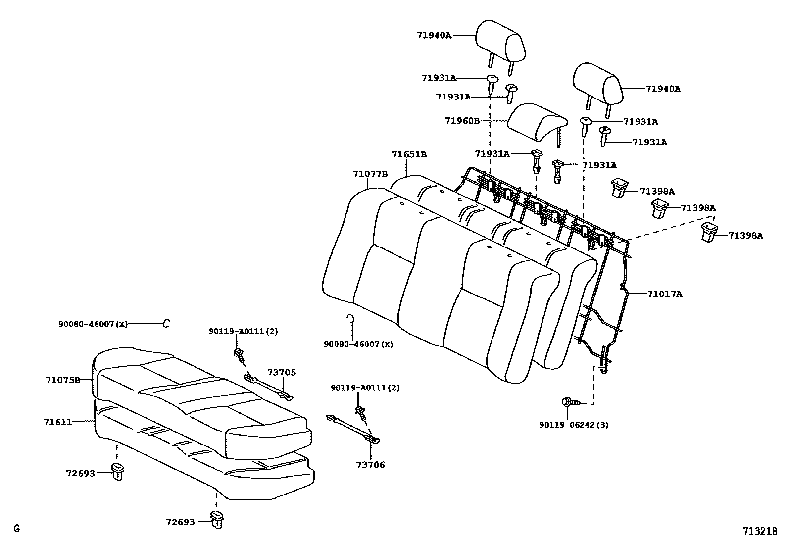 Toyota COROLLA 后排座椅和座椅滑轨 EPC diagram — 713218