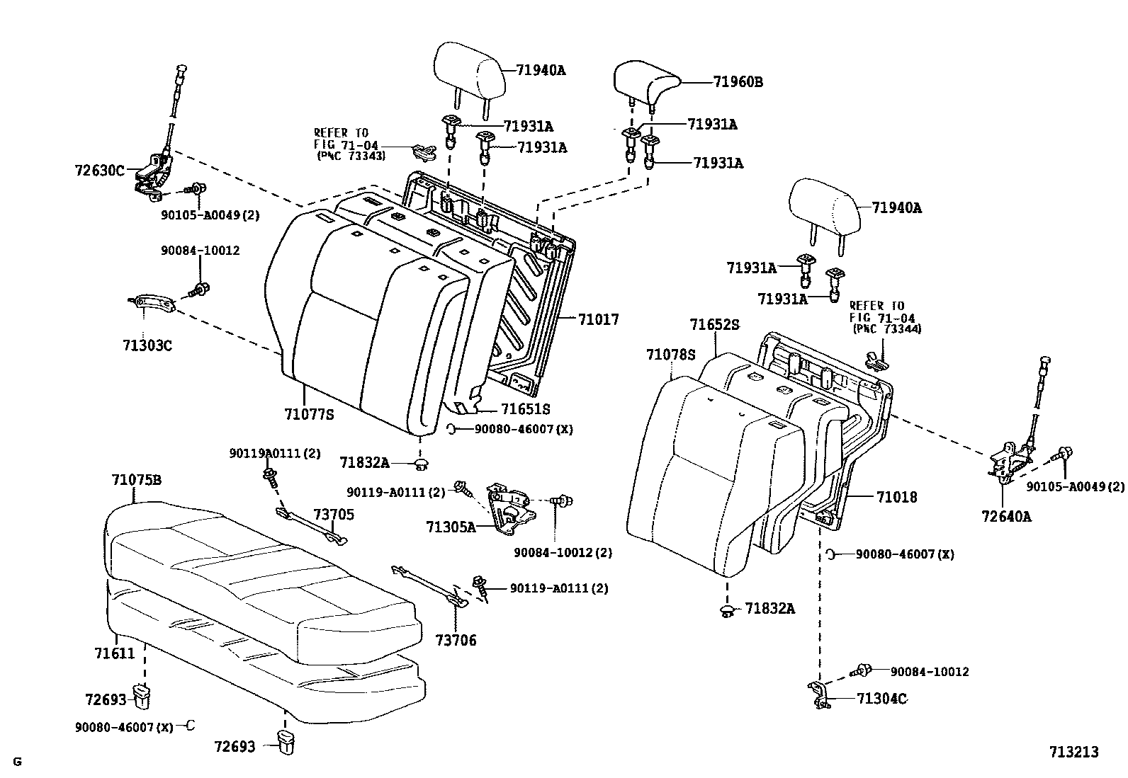 Toyota COROLLA 后排座椅和座椅滑轨 EPC diagram — 713219