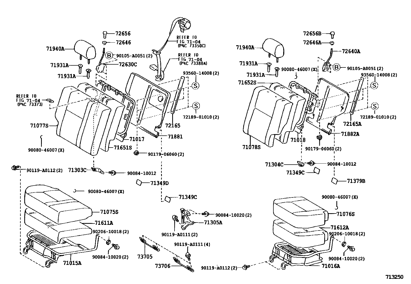 Toyota COROLLA 后排座椅和座椅滑轨 EPC diagram — 713250