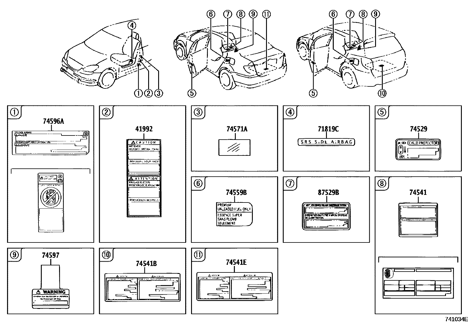 Toyota COROLLA 警示铭牌(车外和车内) EPC diagram — 741034E