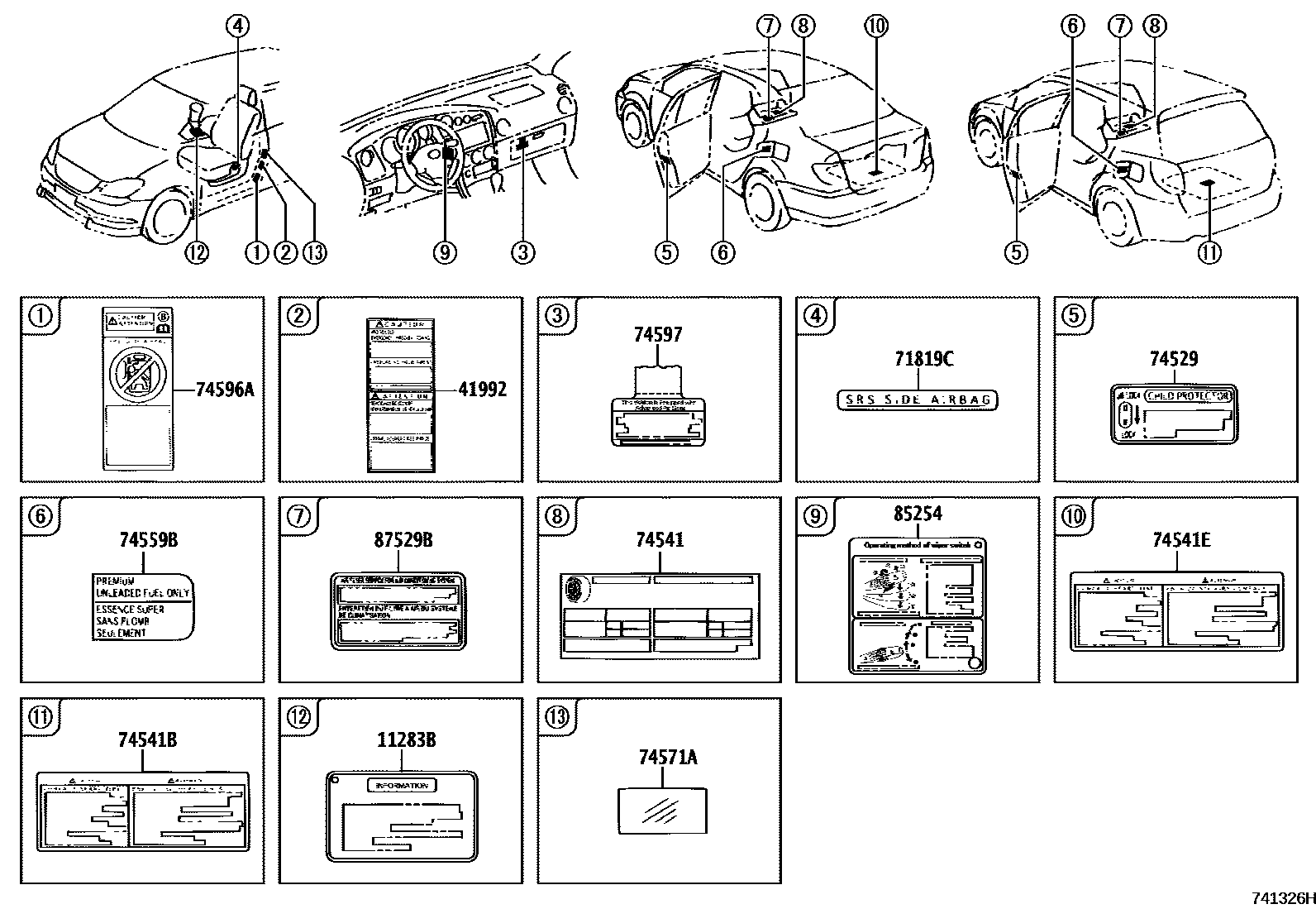 Toyota COROLLA 警示铭牌(车外和车内) EPC diagram — 741326H