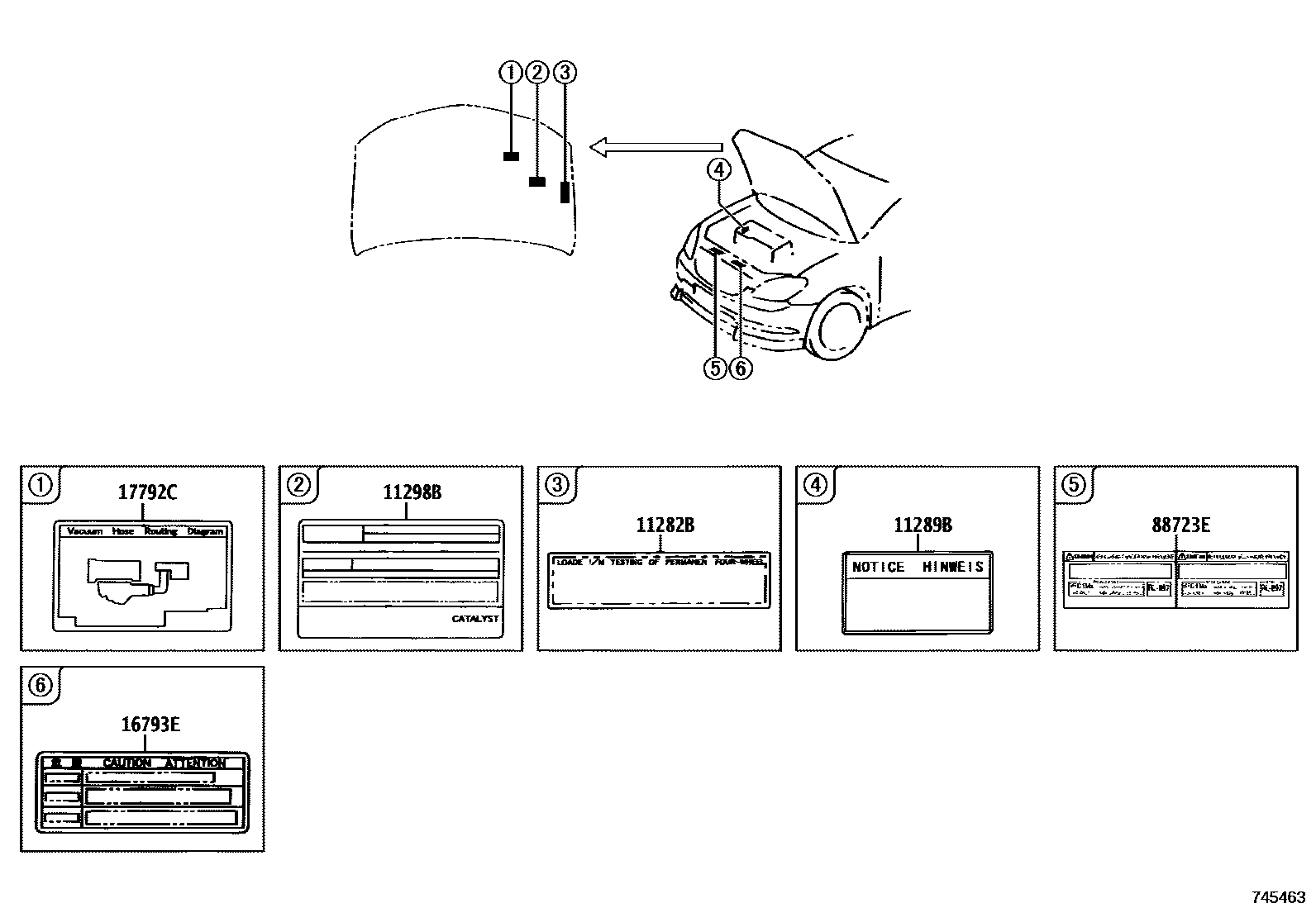 Toyota COROLLA 警示铭牌(车外和车内) EPC diagram — 745463