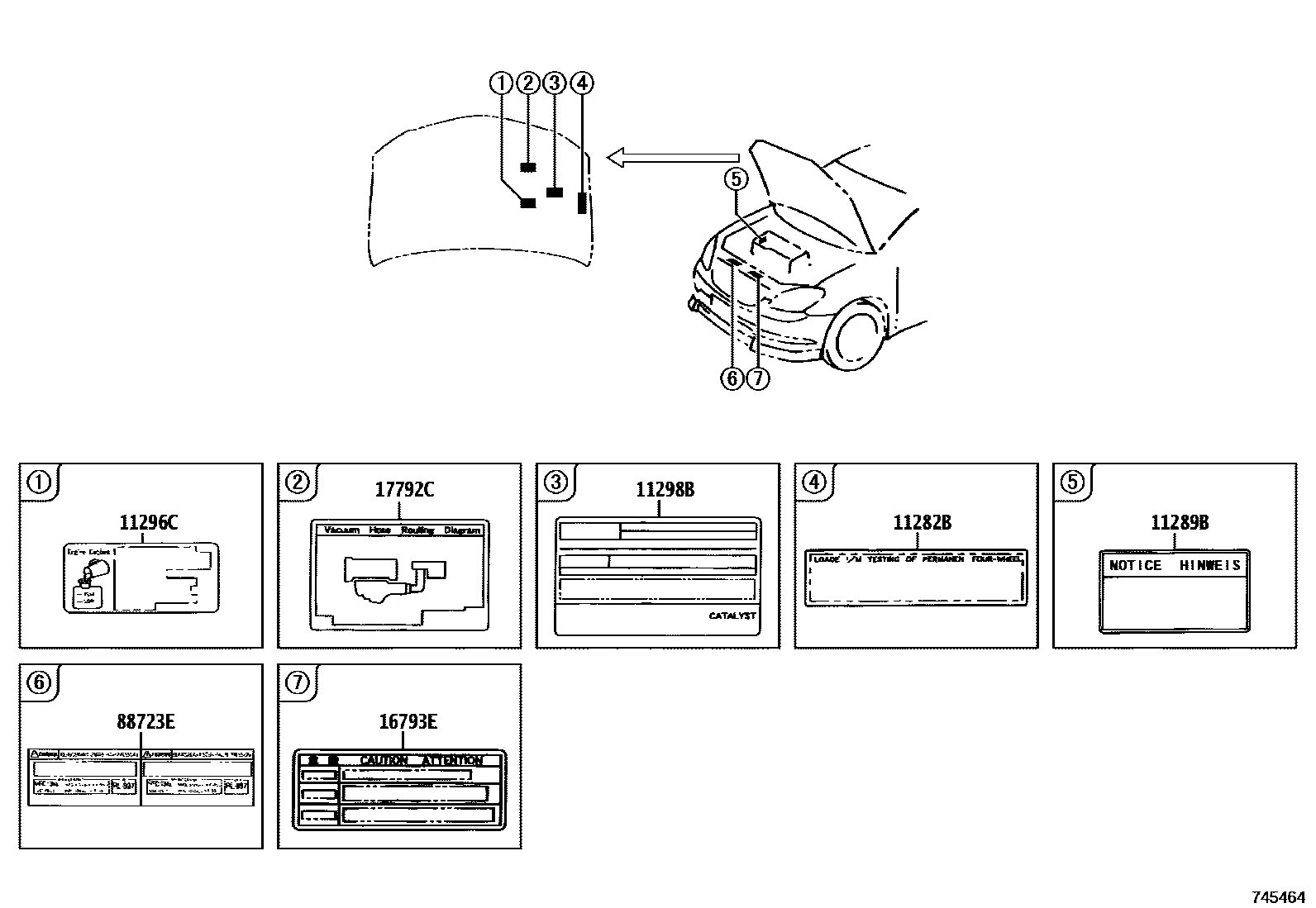 Toyota COROLLA 警示铭牌(车外和车内) EPC diagram — 745464