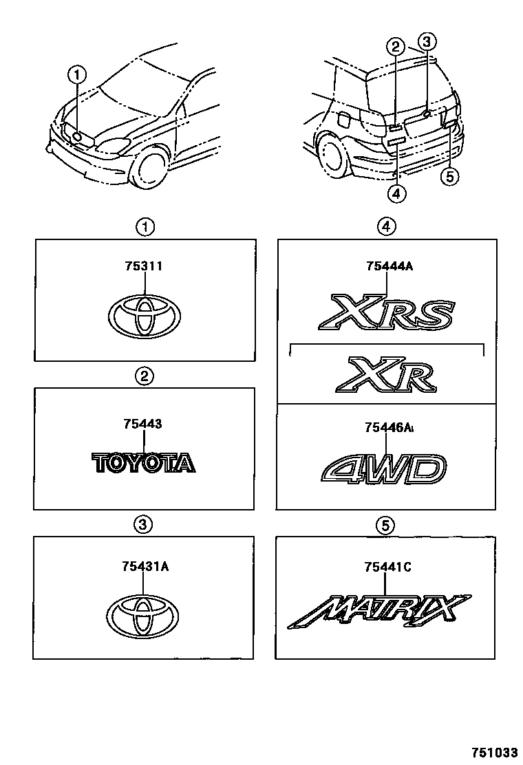 Toyota COROLLA 丰田徽标和铭牌(车外和车内) EPC diagram — 751033