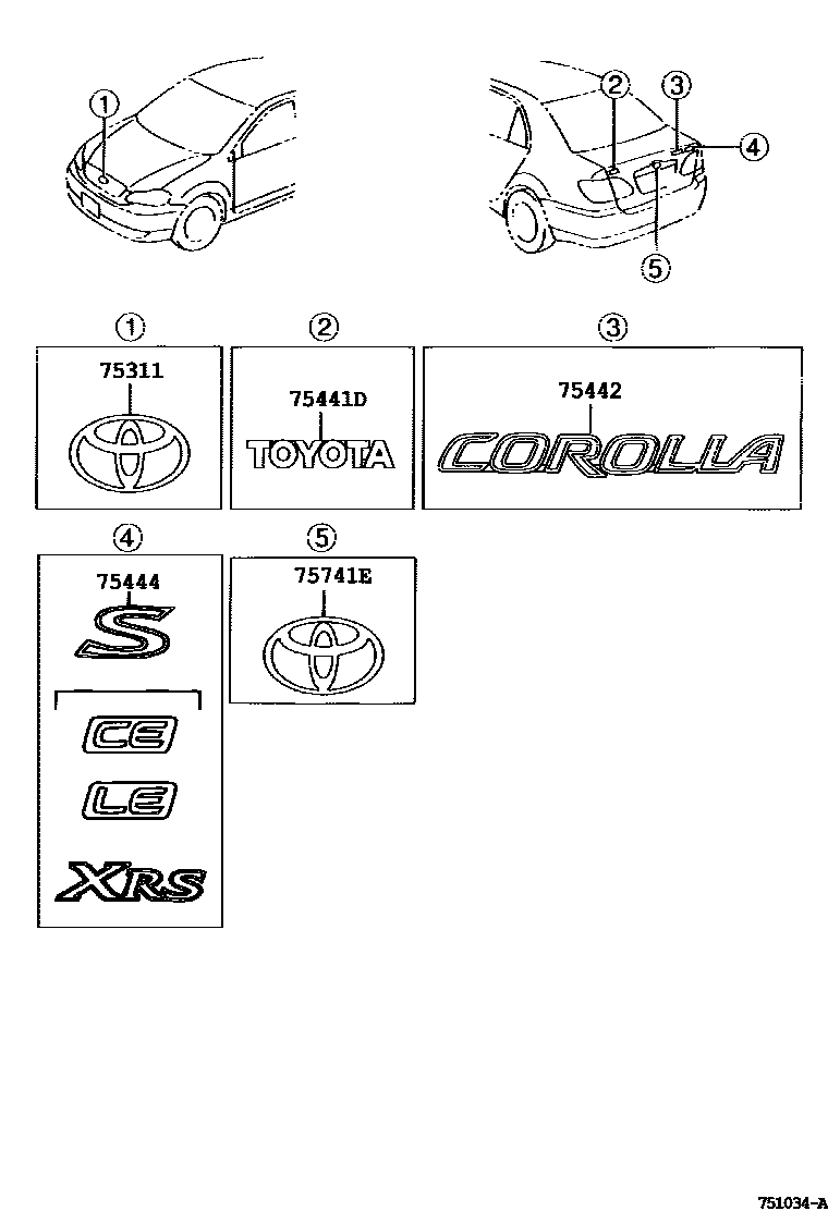 Toyota COROLLA 丰田徽标和铭牌(车外和车内) EPC diagram — 751034A