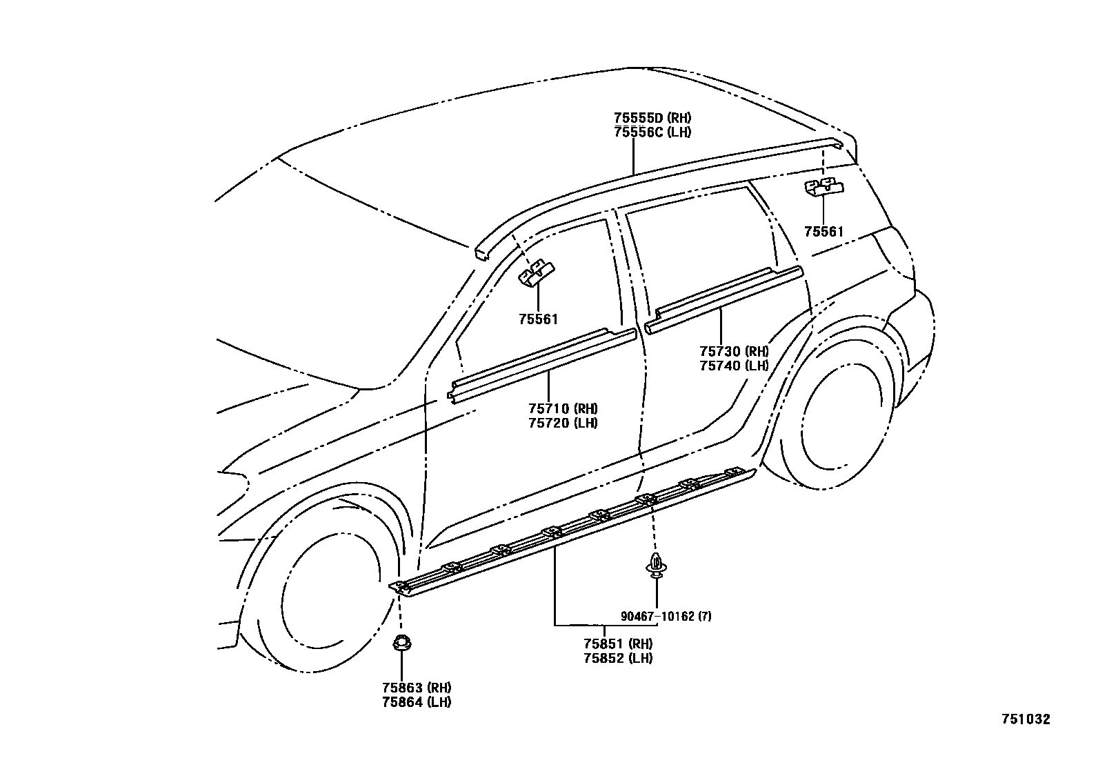 Toyota COROLLA 侧防护条 EPC diagram — 751032