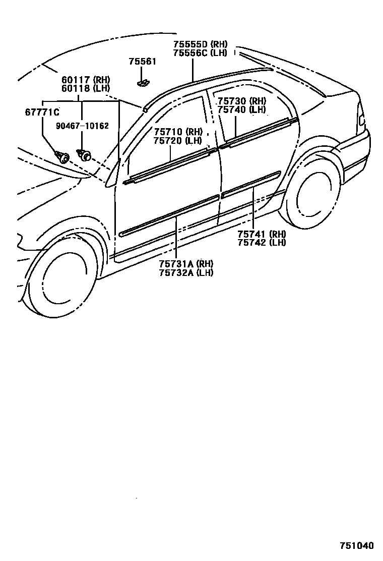 Toyota COROLLA 侧防护条 EPC diagram — 751040
