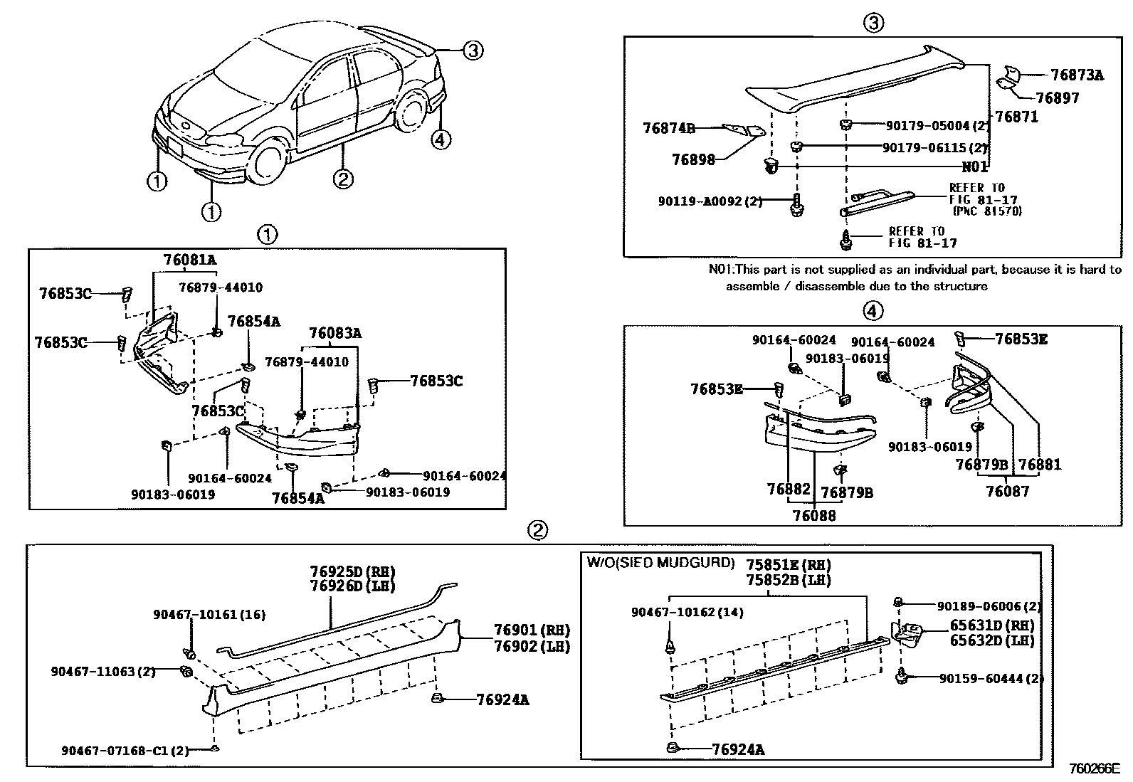 Toyota COROLLA 挡泥板和扰流板 EPC diagram — 760266E