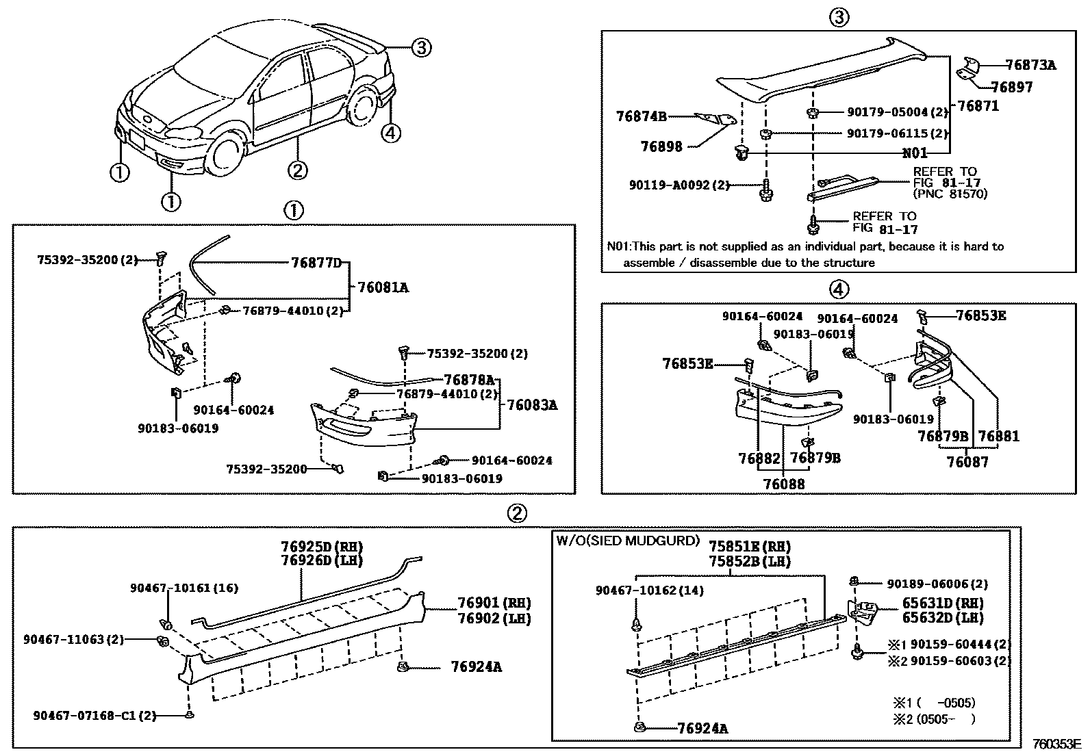Toyota COROLLA 挡泥板和扰流板 EPC diagram — 760353E