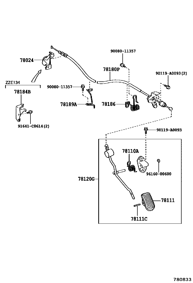 Toyota COROLLA accelerator pedal connecting rod EPC diagram — 780833