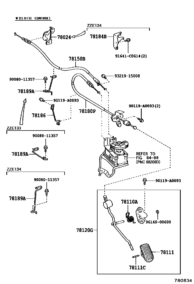 Toyota COROLLA accelerator pedal connecting rod EPC diagram — 780834