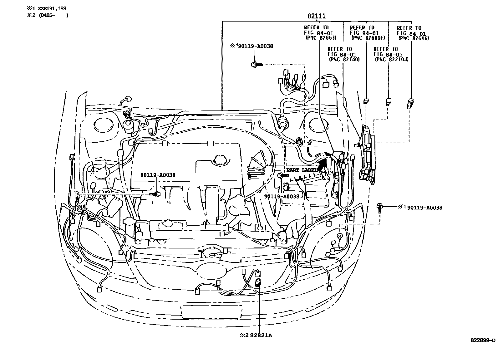 Toyota COROLLA 线束和卡夹 EPC diagram — 822899D