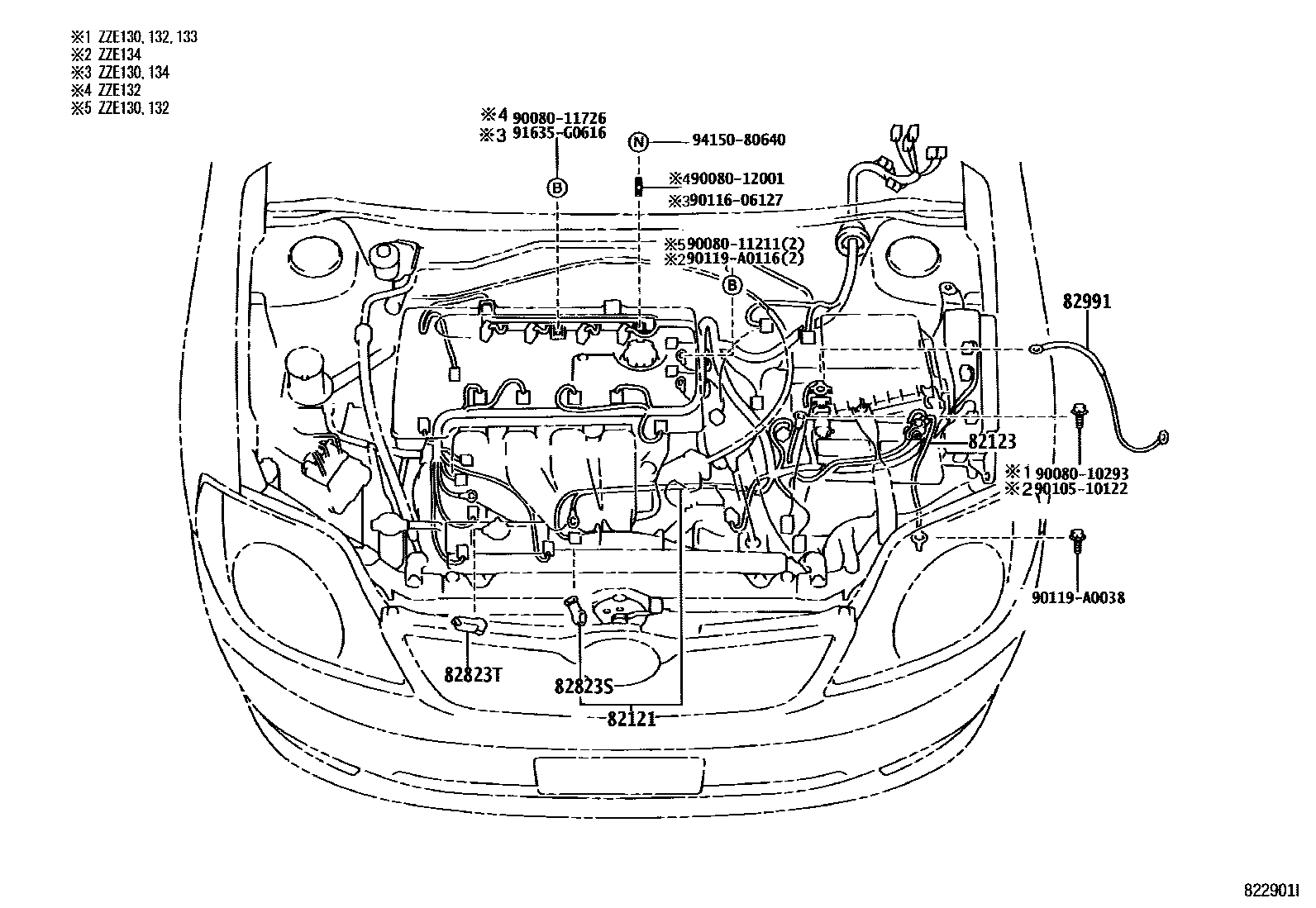 Toyota COROLLA 线束和卡夹 EPC diagram — 822901I