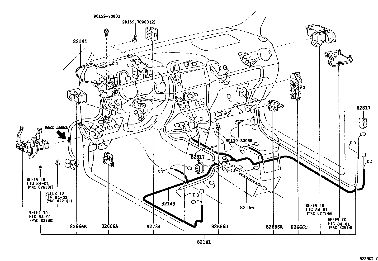 Toyota COROLLA 线束和卡夹 EPC diagram — 822902C