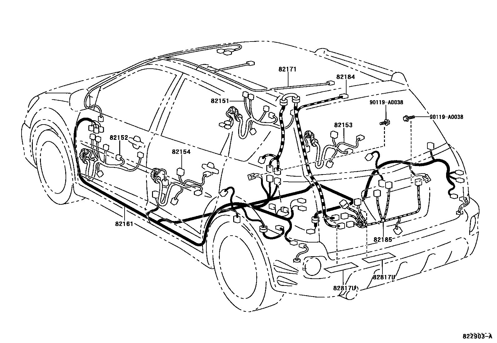 Toyota COROLLA 线束和卡夹 EPC diagram — 822903A