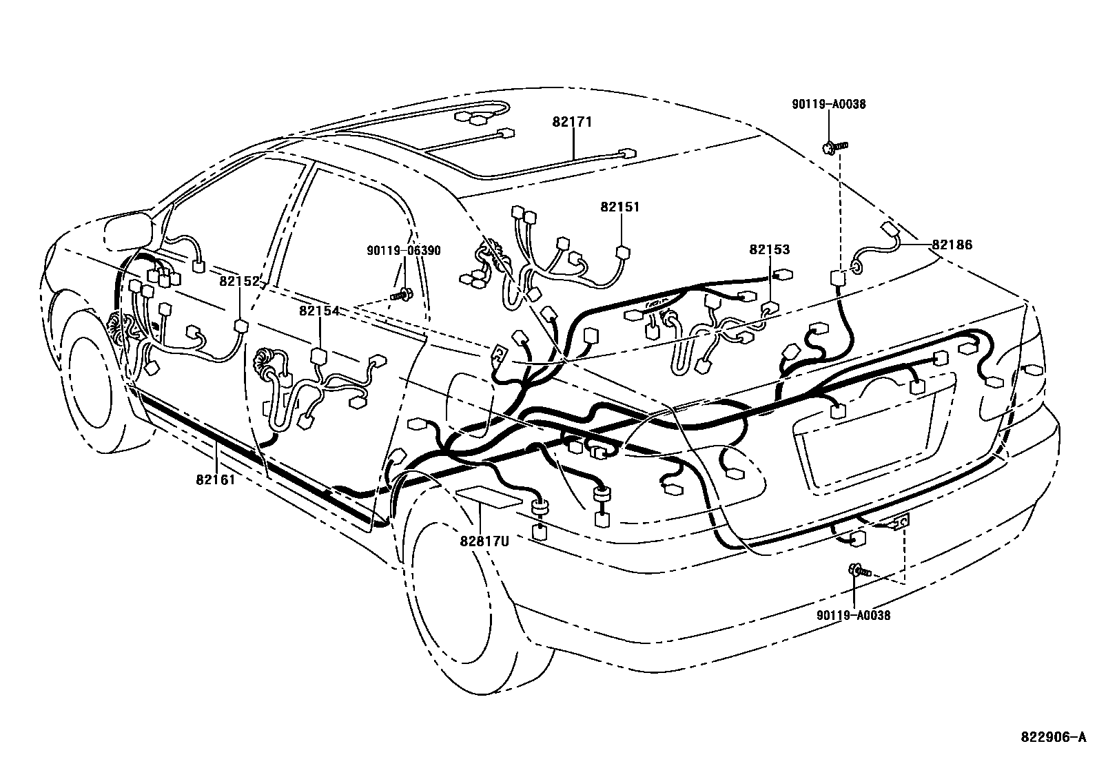 Toyota COROLLA 线束和卡夹 EPC diagram — 822906A