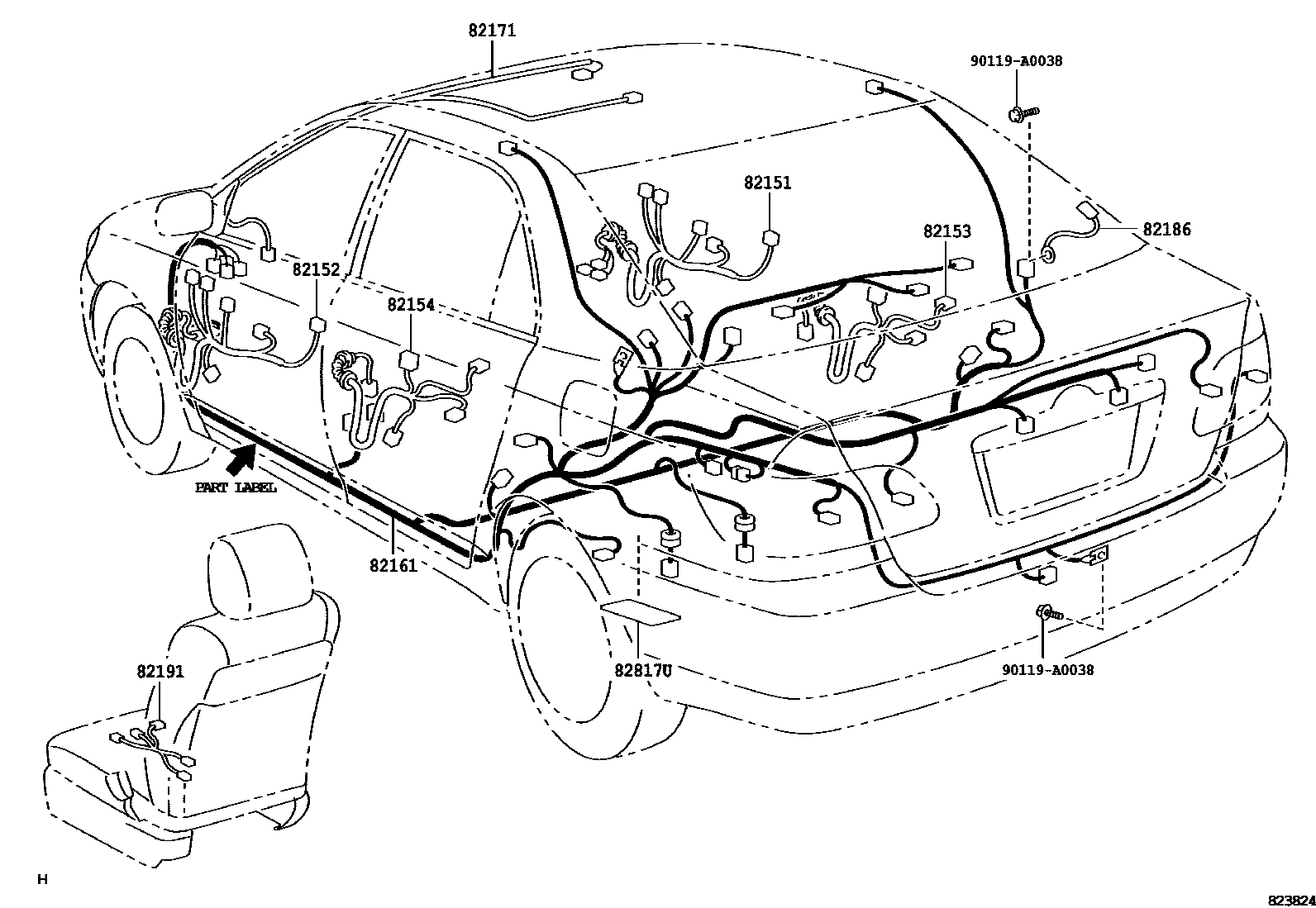 Toyota COROLLA 线束和卡夹 EPC diagram — 823824