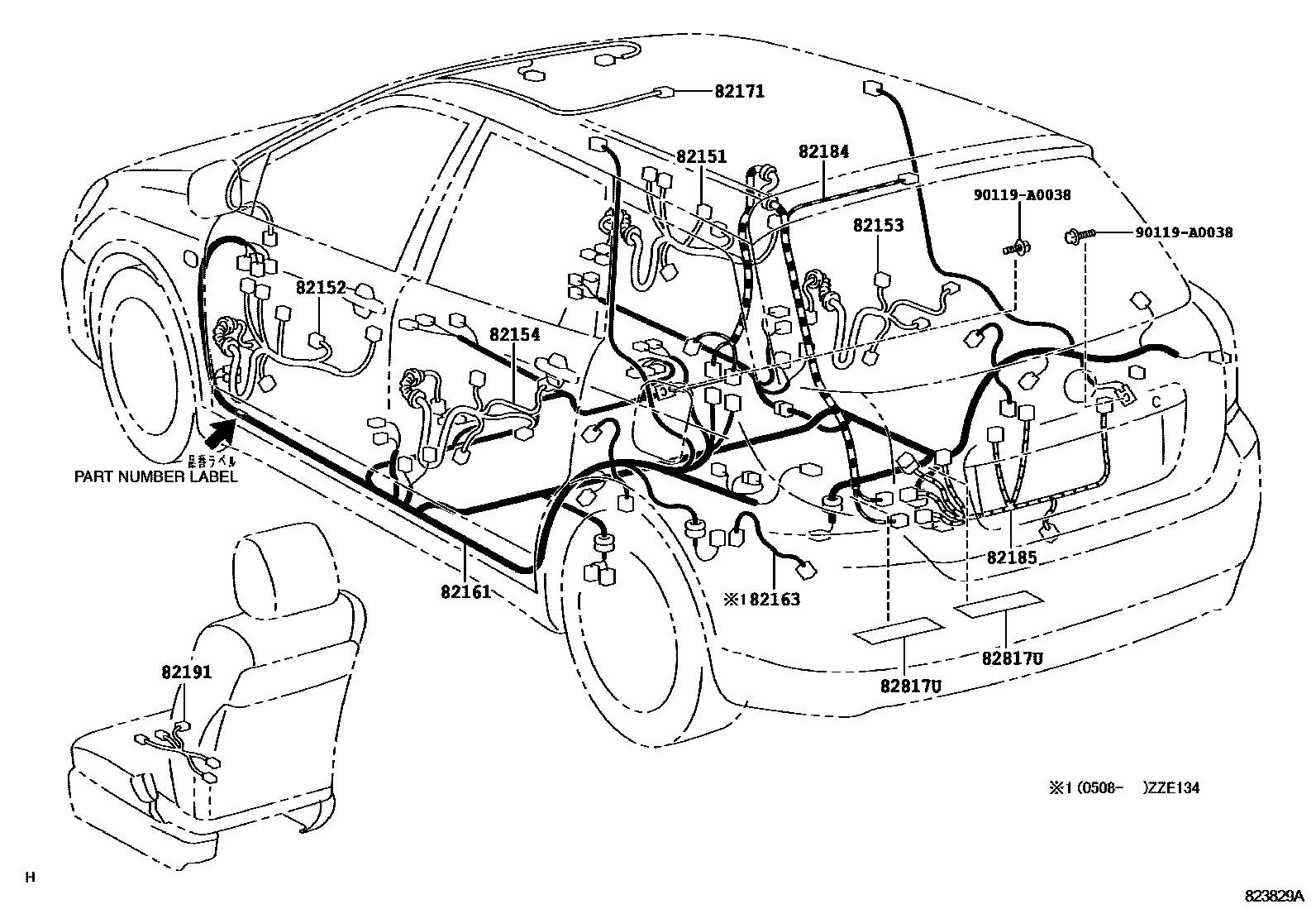 Toyota COROLLA 线束和卡夹 EPC diagram — 823829A