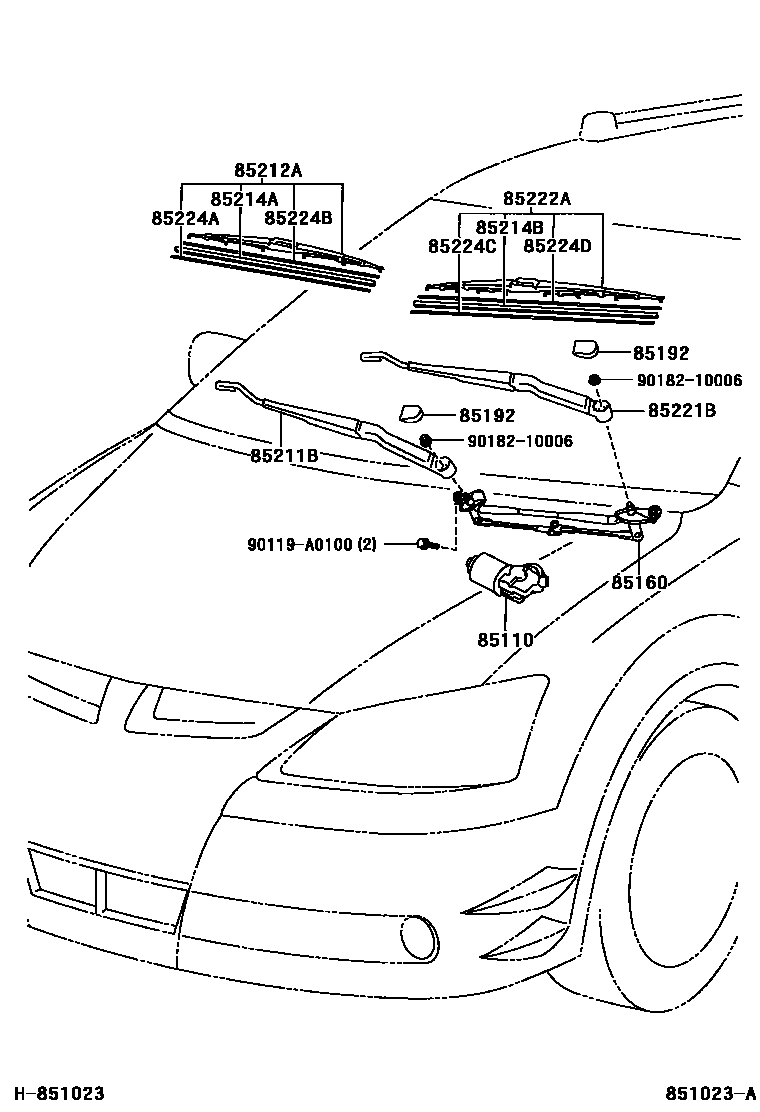 Toyota COROLLA 挡风玻璃刮水器 EPC diagram — 851023A