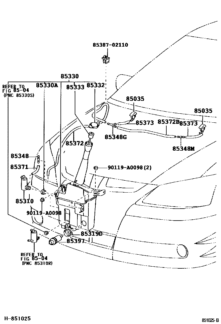 Toyota COROLLA 挡风玻璃清洗器 EPC diagram — 851025B