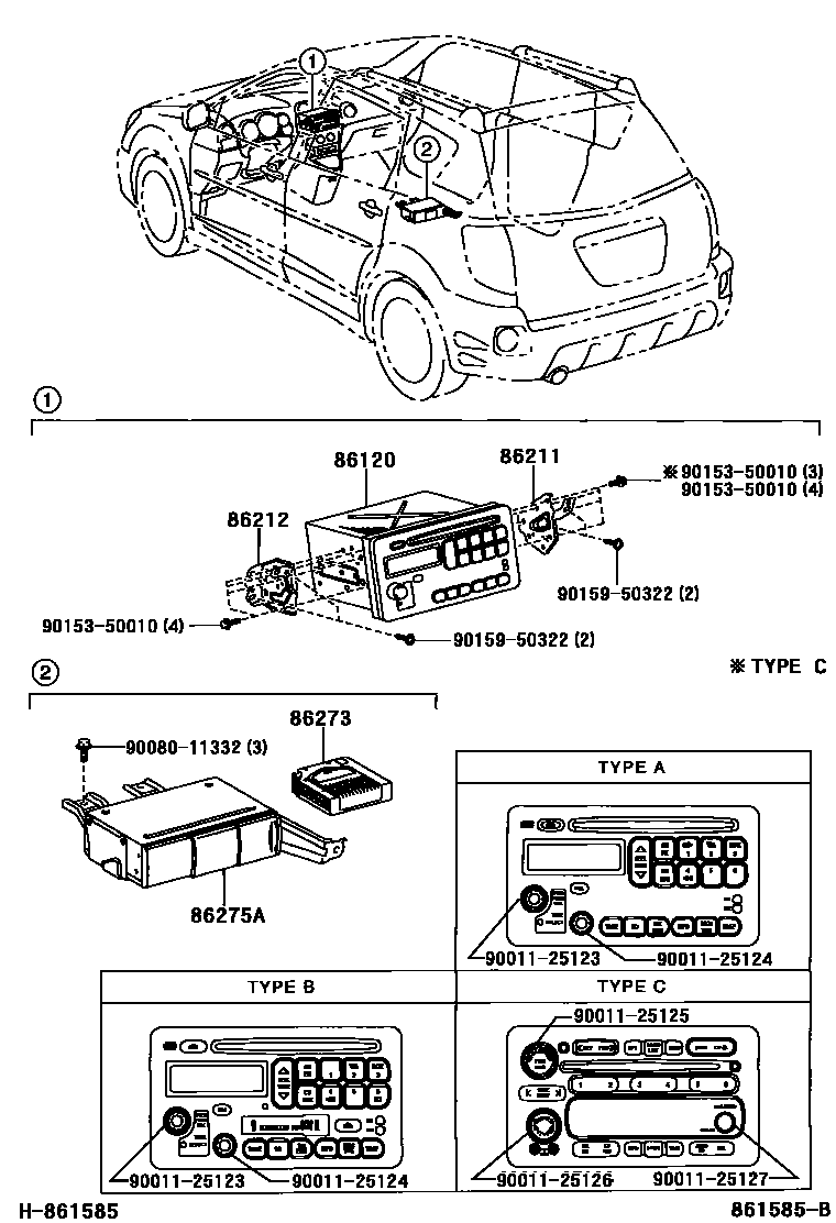 Toyota COROLLA 收音机、放大器和冷凝器 EPC diagram — 861585B