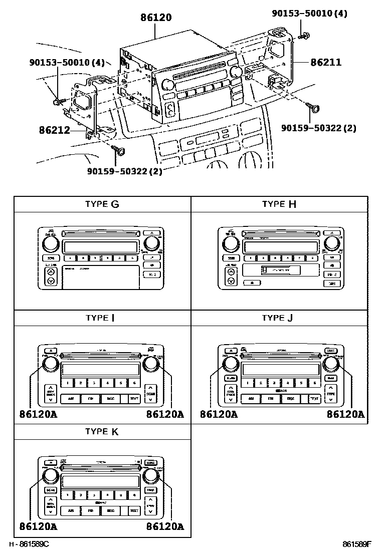 Toyota COROLLA 收音机、放大器和冷凝器 EPC diagram — 861589F
