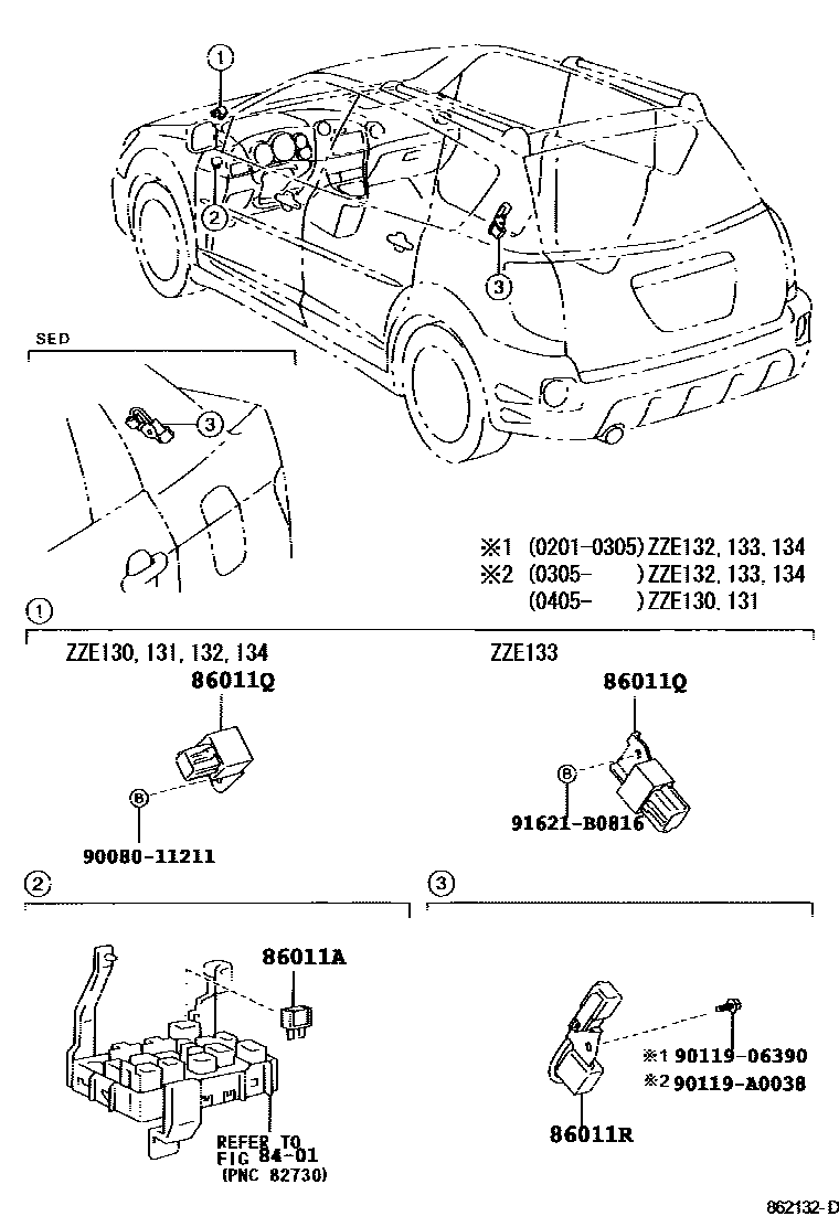 Toyota COROLLA 收音机、放大器和冷凝器 EPC diagram — 862132D