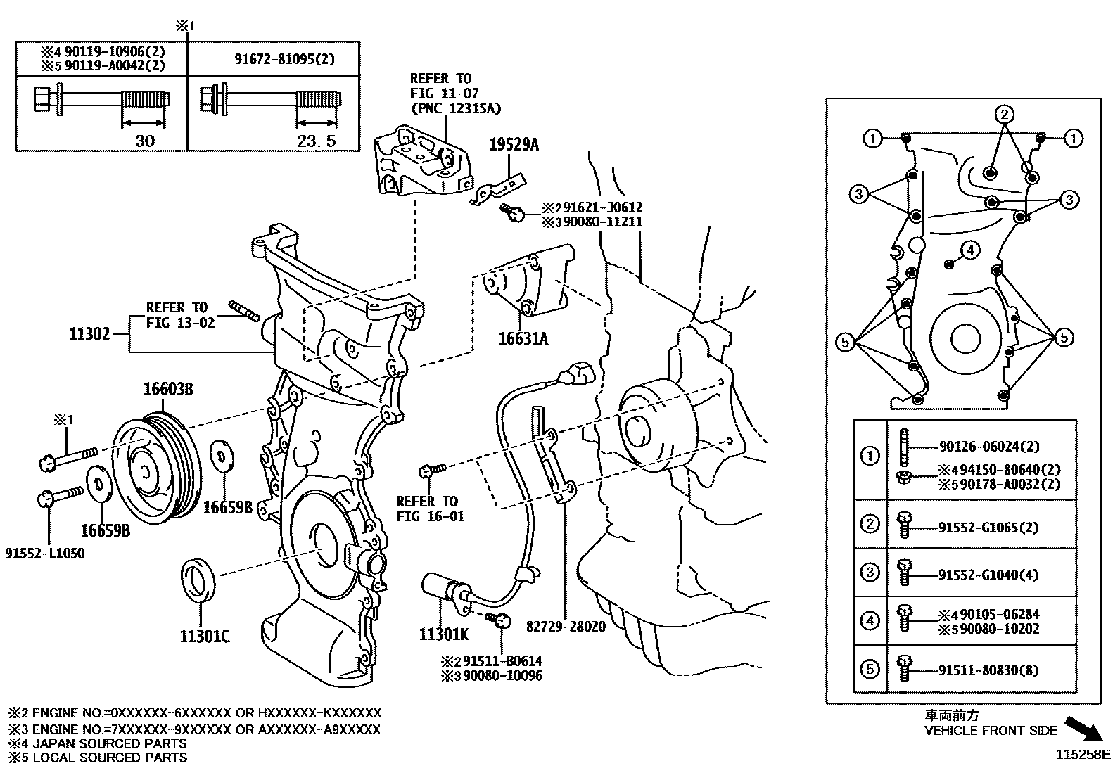 Toyota COROLLA Timing Gear Cover & Rear End Plate EPC diagram — 115258E